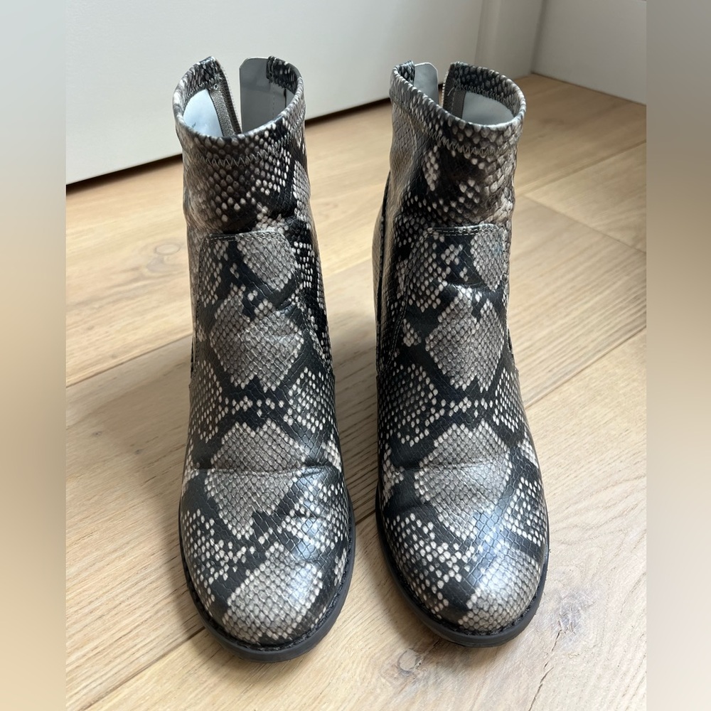 DV8 Faux Snakeskin Round Toe Heeled Boot